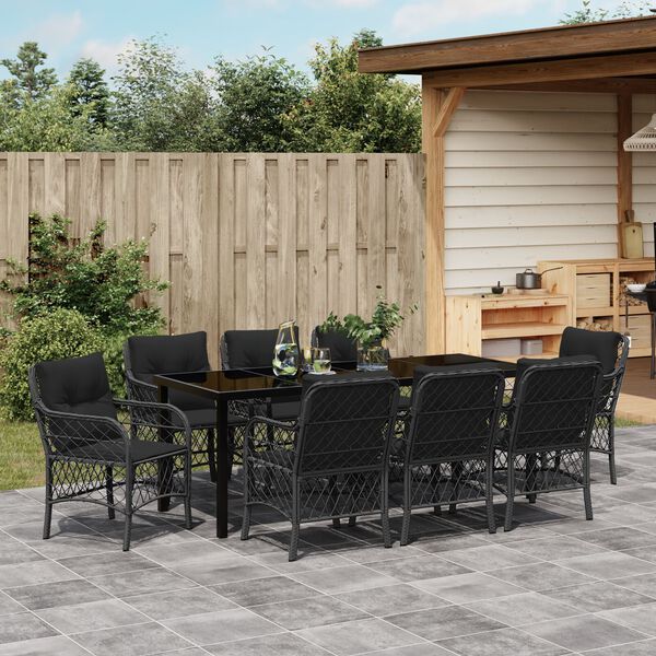 vidaXL Garten Essgruppe mit Kissen 9 pcs Schwarz Poly Rattan