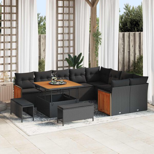 vidaXL Gartensofa-set mit Kissen 13 pcs Schwarz Poly-Rattan