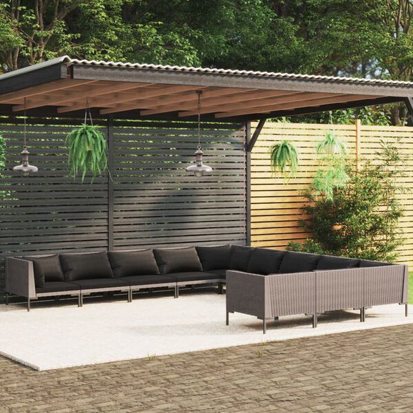vidaXL 11-tlg. Garten-Lounge-Set mit Kissen Poly Rattan Dunkelgrau