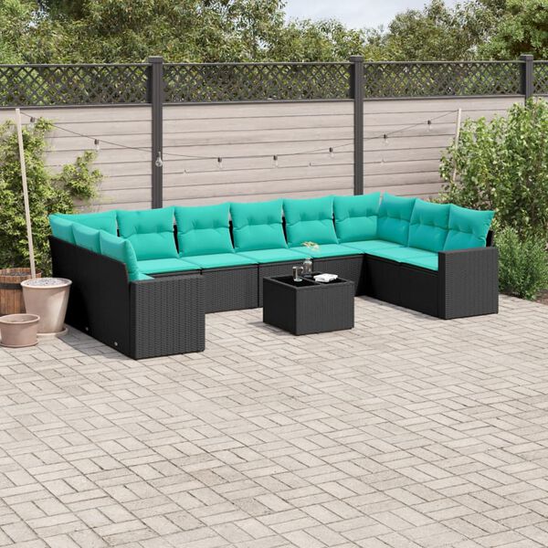vidaXL 11-tlg. Garten-Sofagarnitur mit Kissen Schwarz Poly Rattan