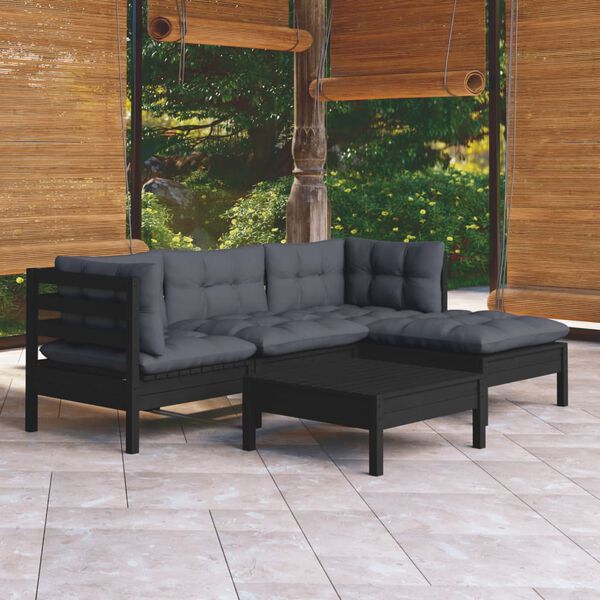 vidaXL 5-tlg. Garten-Lounge-Set mit Kissen Schwarz Kiefernholz
