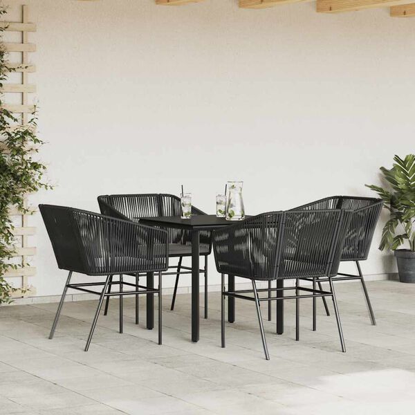 vidaXL 5-tlg. Garten-Essgruppe mit Kissen Schwarz Poly Rattan Glas