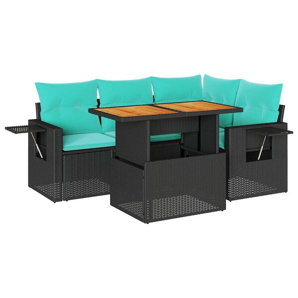 vidaXL 5-tlg. Garten-Sofagarnitur mit Kissen Schwarz Poly Rattan