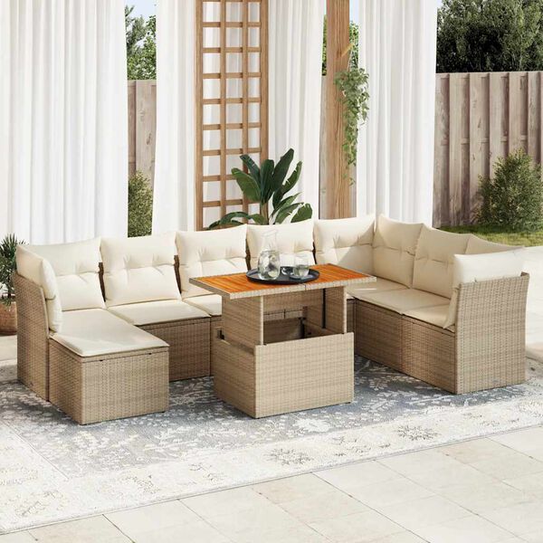 vidaXL 9-tlg. Garten-Sofagarnitur mit Kissen Beige Poly Rattan