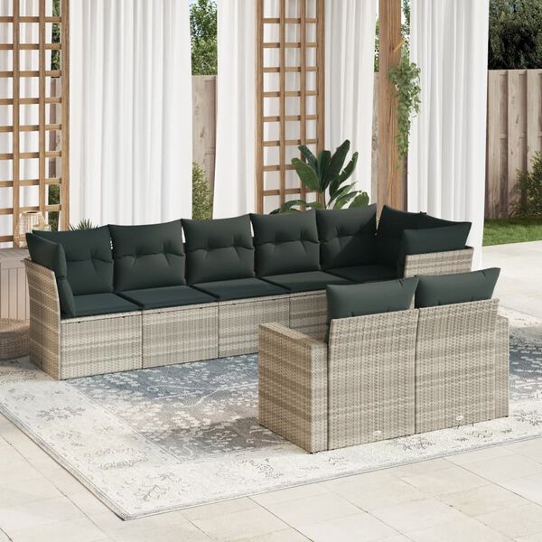 vidaXL 8-tlg. Garten-Sofagarnitur mit Kissen Hellgrau Poly Rattan