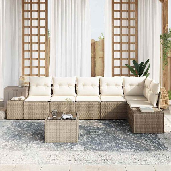 vidaXL Garten-Sofa-Set mit Kissen mit Speicher 7 pcs Beige und Creme
