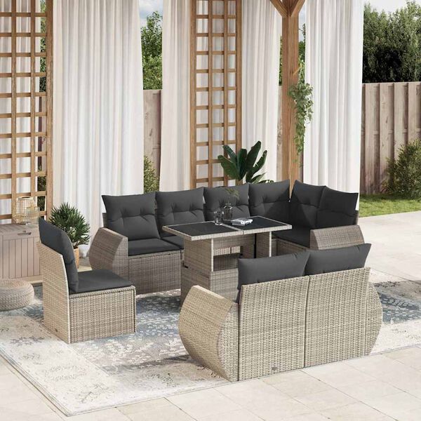 vidaXL 9-tlg. Garten-Sofagarnitur mit Kissen Hellgrau Poly Rattan