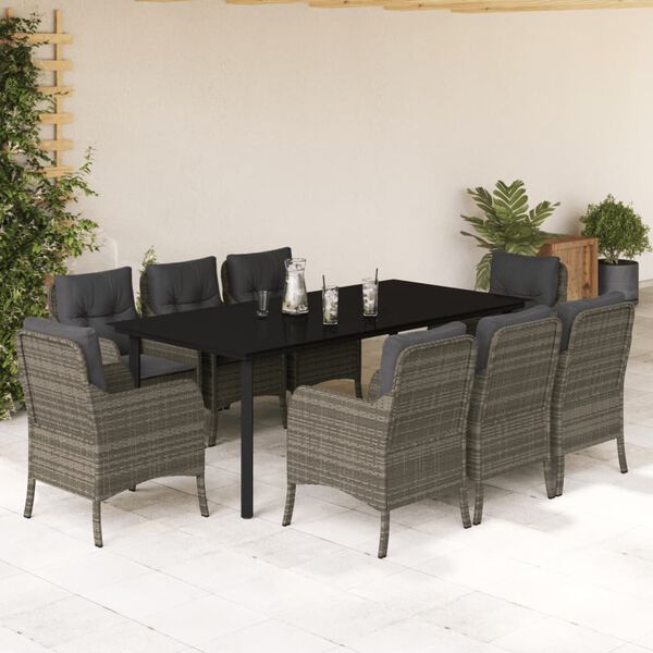 vidaXL 9-tlg. Garten-Essgruppe mit Kissen Grau Poly Rattan