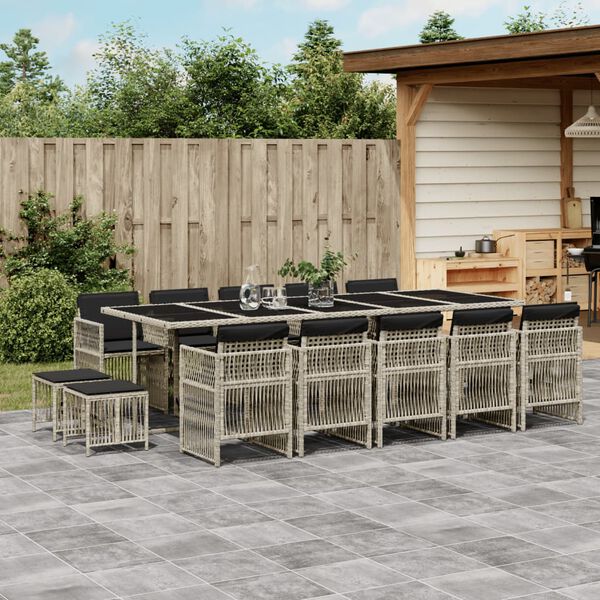 vidaXL 15-tlg. Garten-Essgruppe mit Kissen Hellgrau Poly Rattan