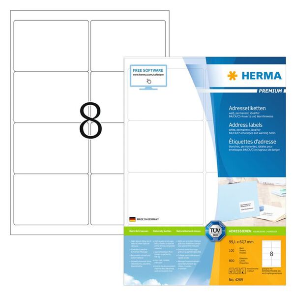 HERMA Adressetiketten Permanent Haftend A4 99,1x67,7 mm 100 Bl&auml;tter