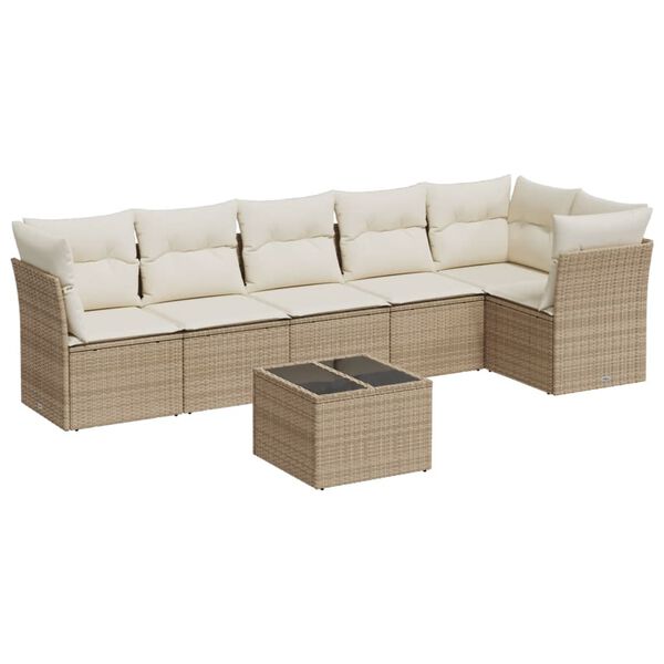 vidaXL 7-tlg. Garten-Sofagarnitur mit Kissen Beige Poly Rattan