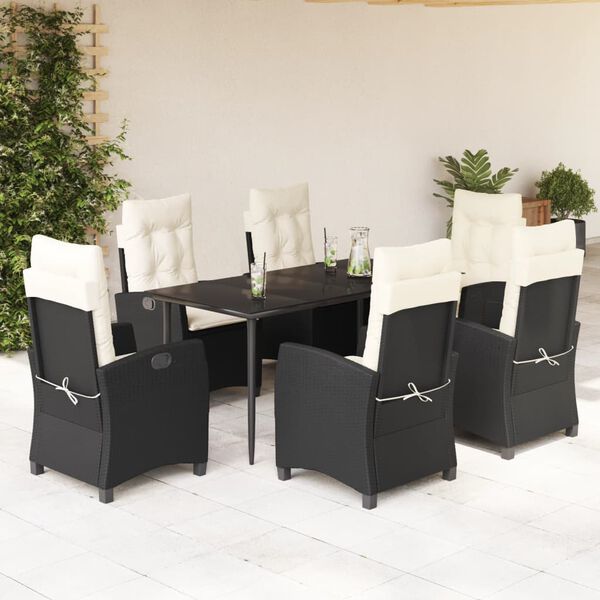 vidaXL 7-tlg. Garten-Essgruppe mit Kissen Schwarz Poly Rattan
