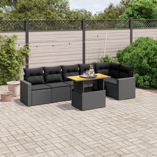 vidaXL 7-tlg. Garten-Sofagarnitur mit Kissen Schwarz Poly Rattan