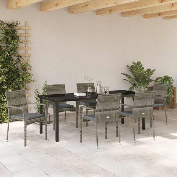 vidaXL Garten Essgruppe mit Kissen 7 pcs Grau Poly-Rattan