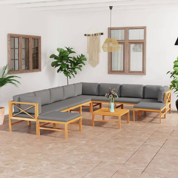 vidaXL 11-tlg. Garten-Lounge-Set mit Grauen Kissen Massivholz Teak