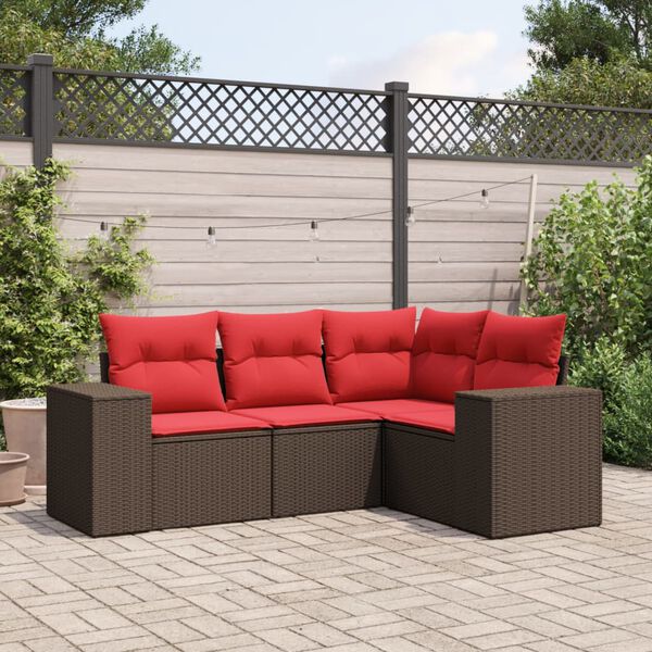 vidaXL 4-teiliges Gartensofa-Set mit Kissen, braun, Polyrattan