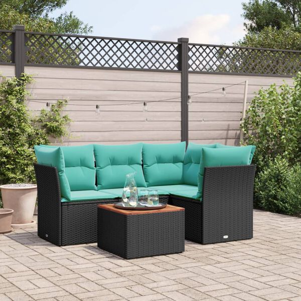 vidaXL 5-tlg. Garten-Sofagarnitur mit Kissen Schwarz Poly Rattan