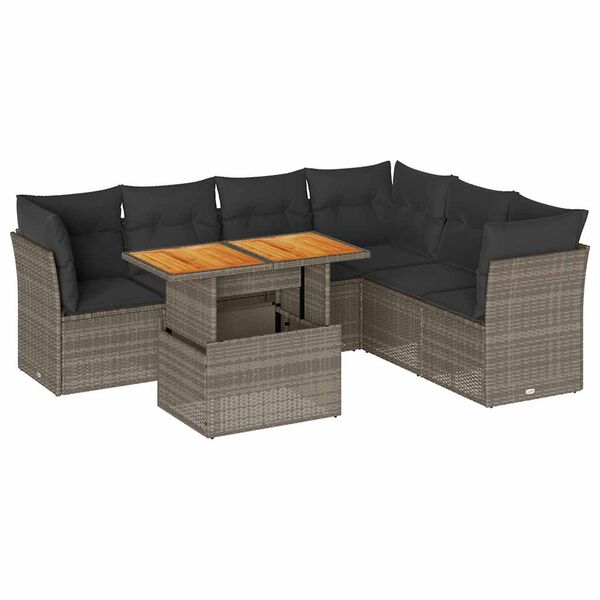 vidaXL 7-tlg. Garten-Sofagarnitur mit Kissen Grau Poly Rattan