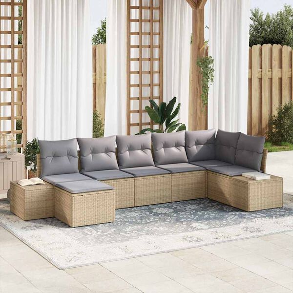vidaXL Garten-Sofa-Set mit Kissen mit Speicher 7 pcs Beige Poly-Rattan
