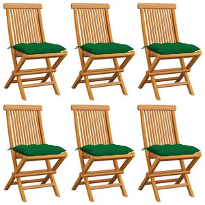 vidaXL Klappst&uuml;hle mit gr&uuml;nen Kissen, 6 St&uuml;ck, Massivholz Teakholz