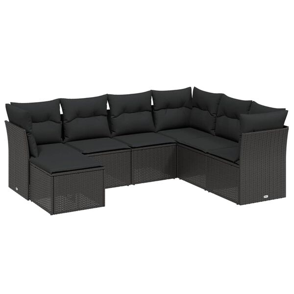 vidaXL 7-tlg. Garten-Sofagarnitur mit Kissen Schwarz Poly Rattan