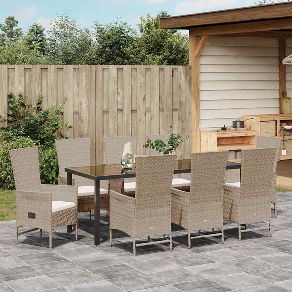 vidaXL Garten Essgruppe mit Kissen 9 pcs Beige Poly-Rattan