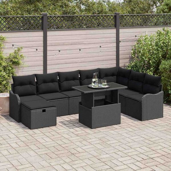 vidaXL Garten-Sofa-Set mit Kissen 9 pcs Schwarz Poly Rattan