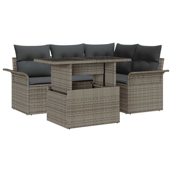 vidaXL Garten-Sofa-Set mit Kissen mit Speicher 5 pcs Grau Poly Rattan