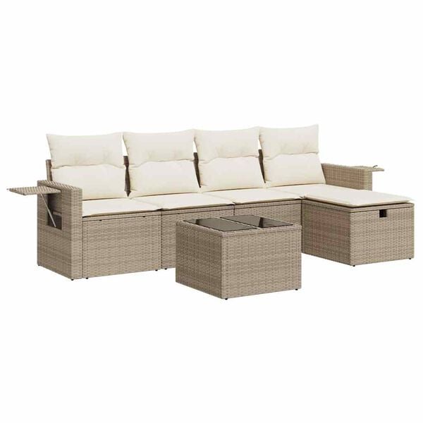 vidaXL 6-tlg. Garten-Sofagarnitur mit Kissen Beige Poly Rattan