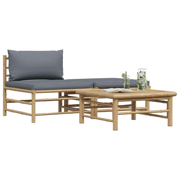 vidaXL 3-tlg. Garten-Lounge-Set mit Dunkelgrauen Kissen Bambus