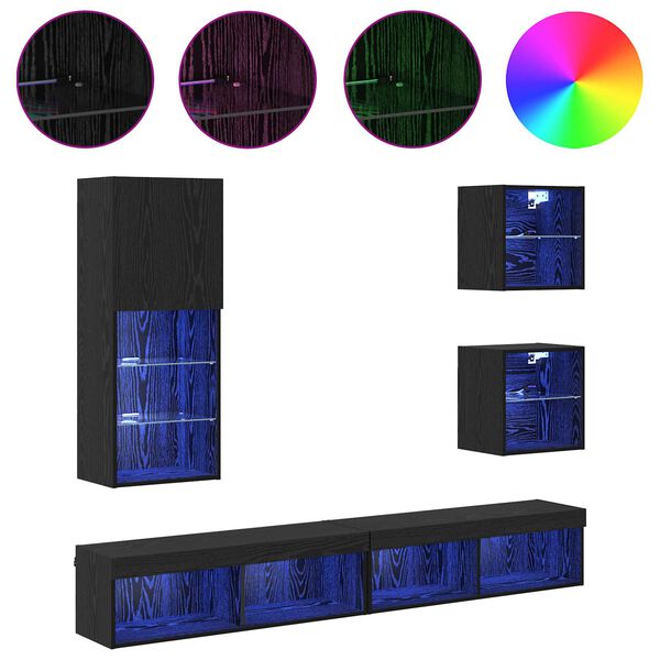 TV Wand Einheiten mit LED 5 St&uuml;ck Schwarz Eichen-Optik Holzwerkstoff
