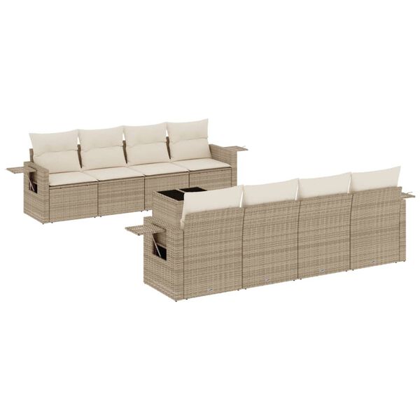 vidaXL 9-tlg. Garten-Sofagarnitur mit Kissen Beige Poly Rattan
