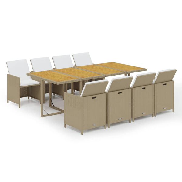 vidaXL 9-tlg. Garten-Essgruppe mit Kissen Poly Rattan Beige