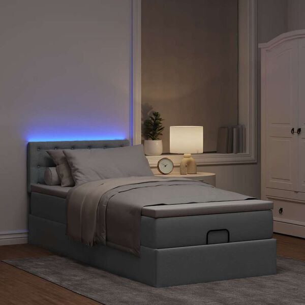 vidaXL Ottoman-Bett mit Matratze & LEDs Hellgrau 100x200 cm Stoff