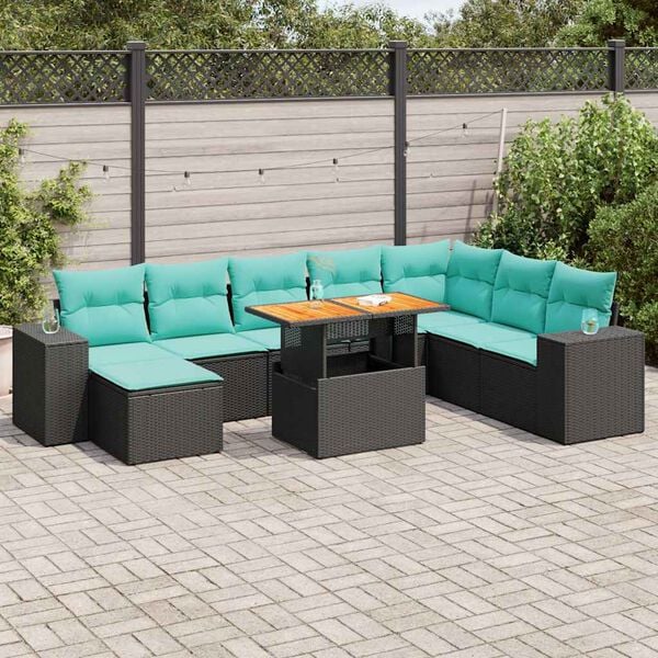 vidaXL 9-tlg. Garten-Sofagarnitur mit Kissen Schwarz Poly Rattan