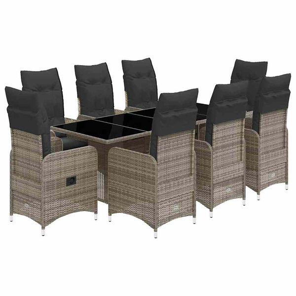 vidaXL 9-tlg. Garten-Bistro-Set mit Kissen Grau Poly Rattan