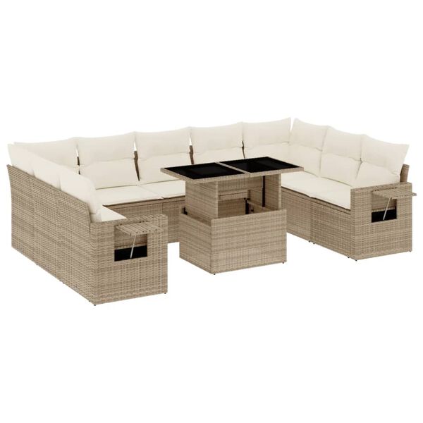 vidaXL 10-tlg. Garten-Sofagarnitur mit Kissen Beige Poly Rattan