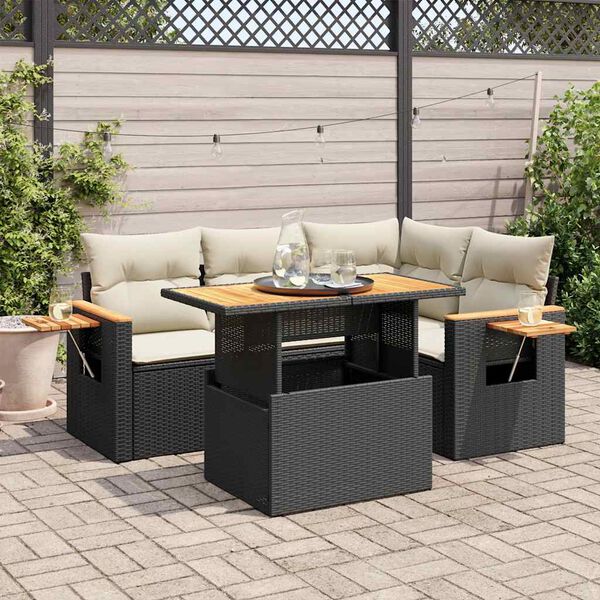 vidaXL 5tlg. Garten-Sofagarnitur mit Kissen Schwarz Poly Rattan Akazie