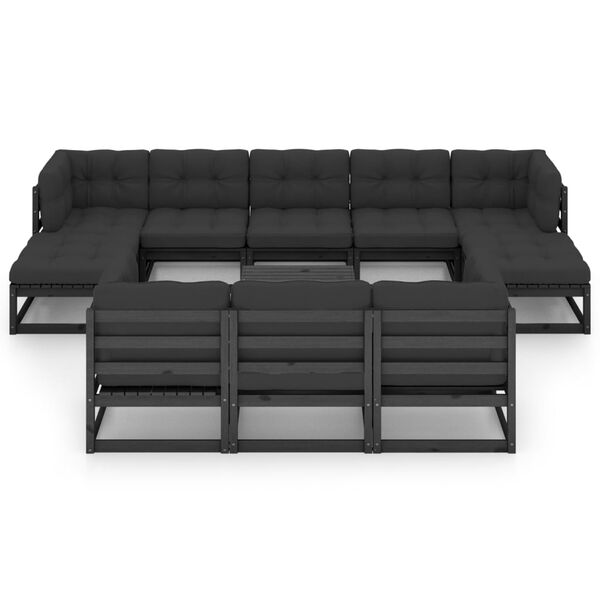 vidaXL 11-tlg. Garten-Lounge-Set mit Kissen Schwarz Kiefer Massivholz