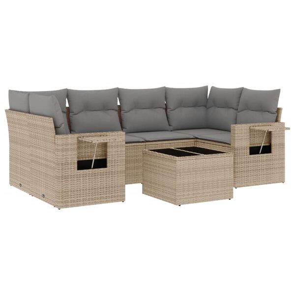 vidaXL 7-tlg. Garten-Sofagarnitur mit Kissen Beige Poly Rattan