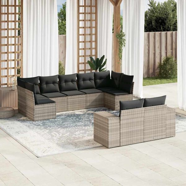 vidaXL 9-tlg. Garten-Sofagarnitur mit Kissen Hellgrau Poly Rattan