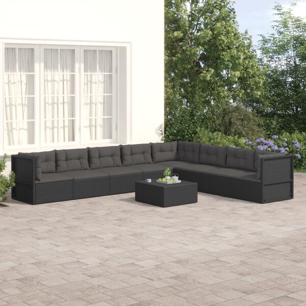 vidaXL 8-tlg. Garten-Lounge-Set mit Kissen Schwarz Poly Rattan