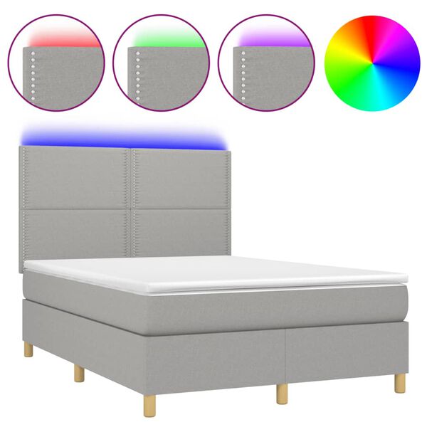 vidaXL Boxspringbett mit Matratze & LED Hellgrau 140x200 cm Stoff