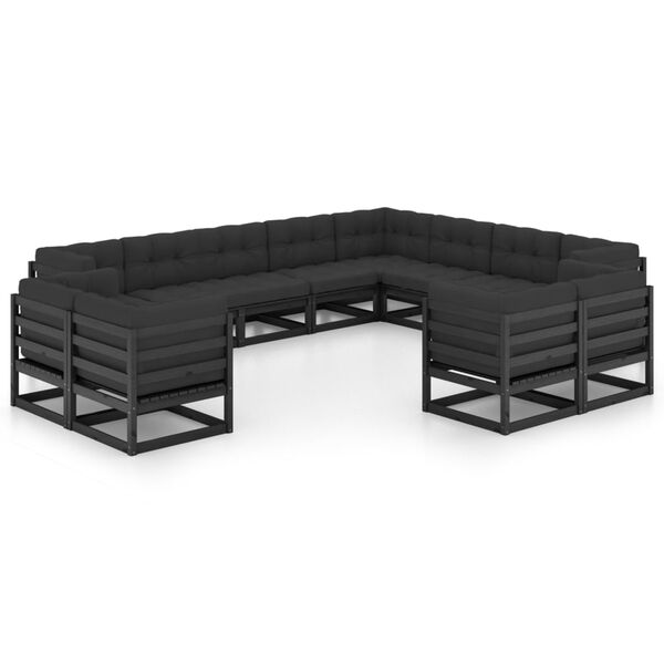 vidaXL 12-tlg. Garten-Lounge-Set mit Kissen Schwarz Massivholz Kiefer