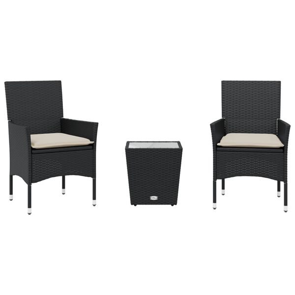 vidaXL 3-tlg. Bistro-Set mit Kissen Schwarz Poly Rattan und Glas