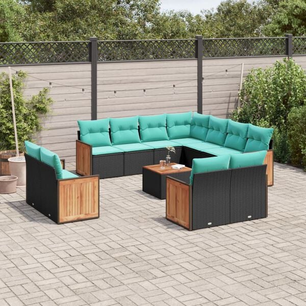 vidaXL 12-teiliges Gartensofa-Set mit Kissen, schwarzes Polyrattan