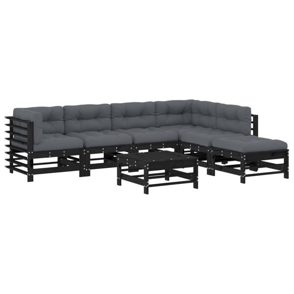 vidaXL 7-tlg. Garten-Lounge-Set mit Kissen Schwarz Massivholz