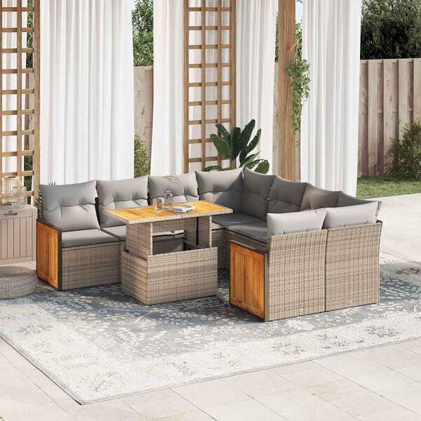 vidaXL 9-tlg. Garten-Sofagarnitur mit Kissen Beige Poly Rattan Akazie