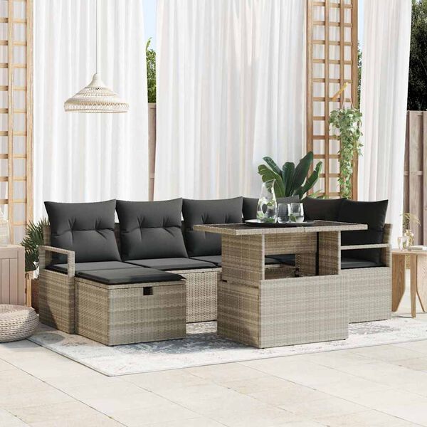 vidaXL Garten-Sofa-Set mit Kissen 7 pcs Hellgrau Poly Rattan