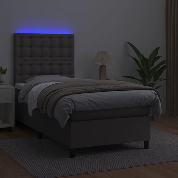 vidaXL Boxspringbett mit Matratze & LED Grau 90x200 cm Kunstleder